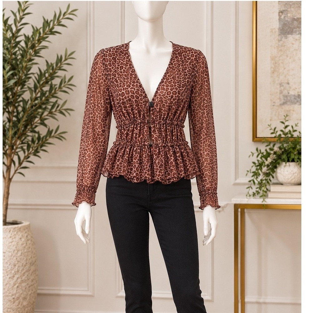 Only Hearts Womens Cardigan Sheer Mesh Leopard Print Smocked Ruffle Small